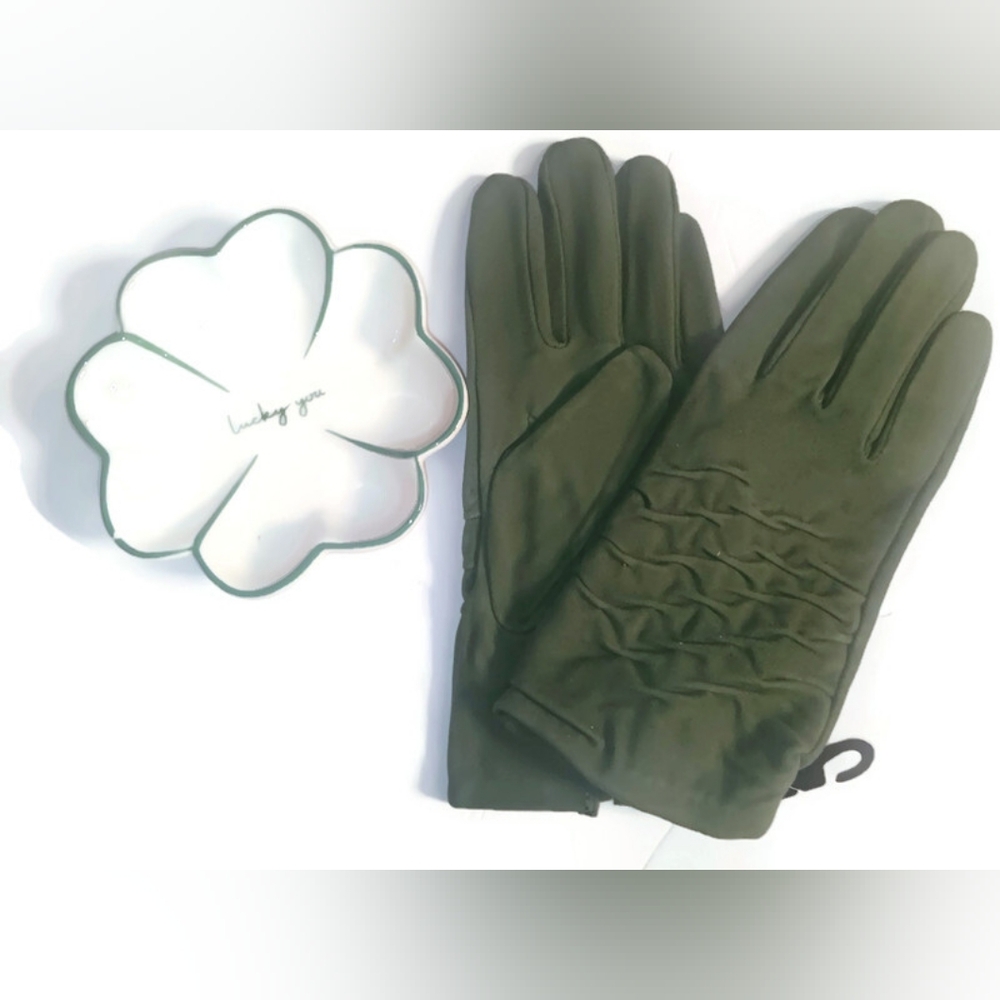 WOMEN'S LUCKY EMERALD GREEN WARM FLEECE LINED, SUEDE LEATHER GLOVES,